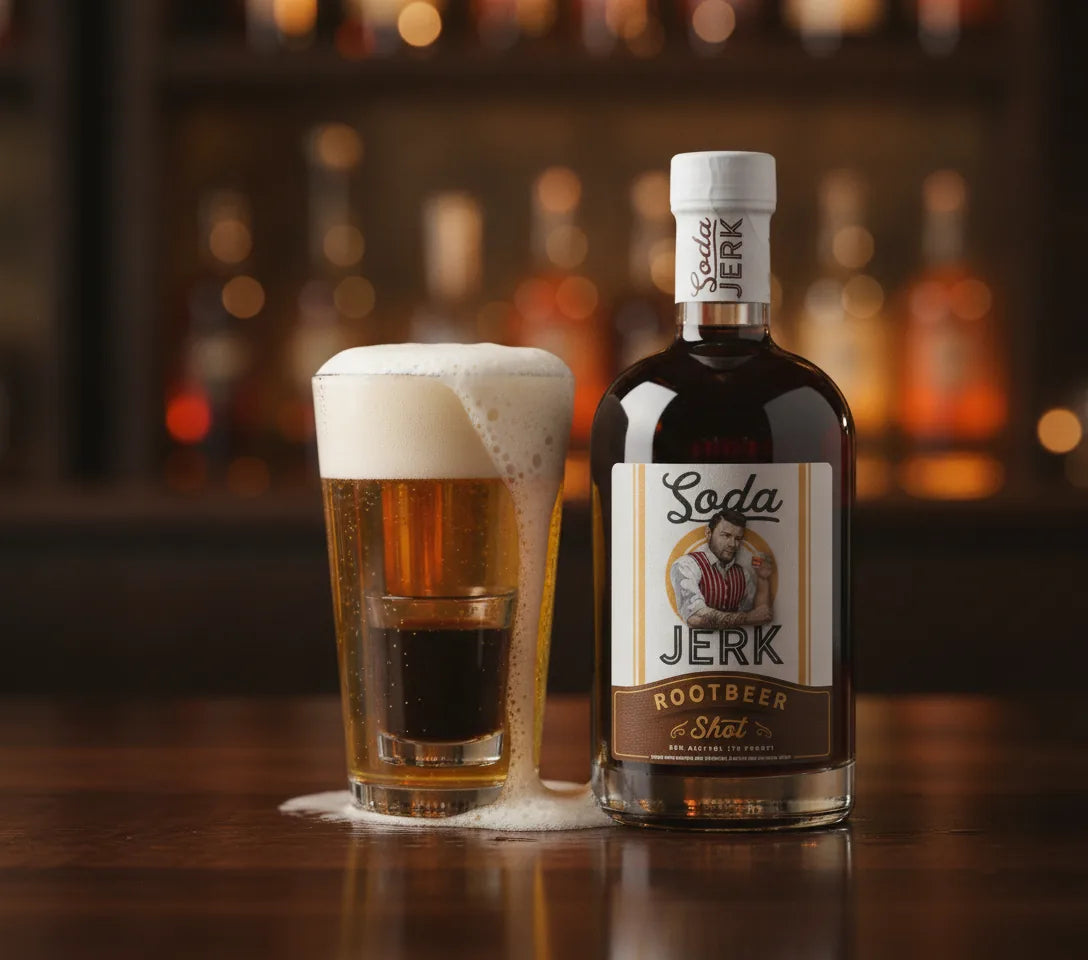 Beer squared root beer boilermaker with a Soda Jerk Root Beer Shot dropped into a cold lager cocktail with Soda Jerk bottle