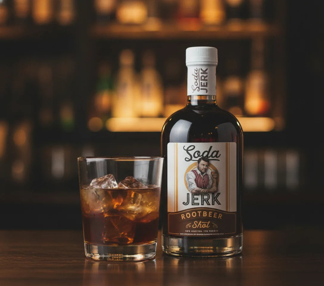 The Cowboy bourbon and root beer cocktail over ice with a Soda Jerk Root Beer Shot bottle cocktail with Soda Jerk bottle