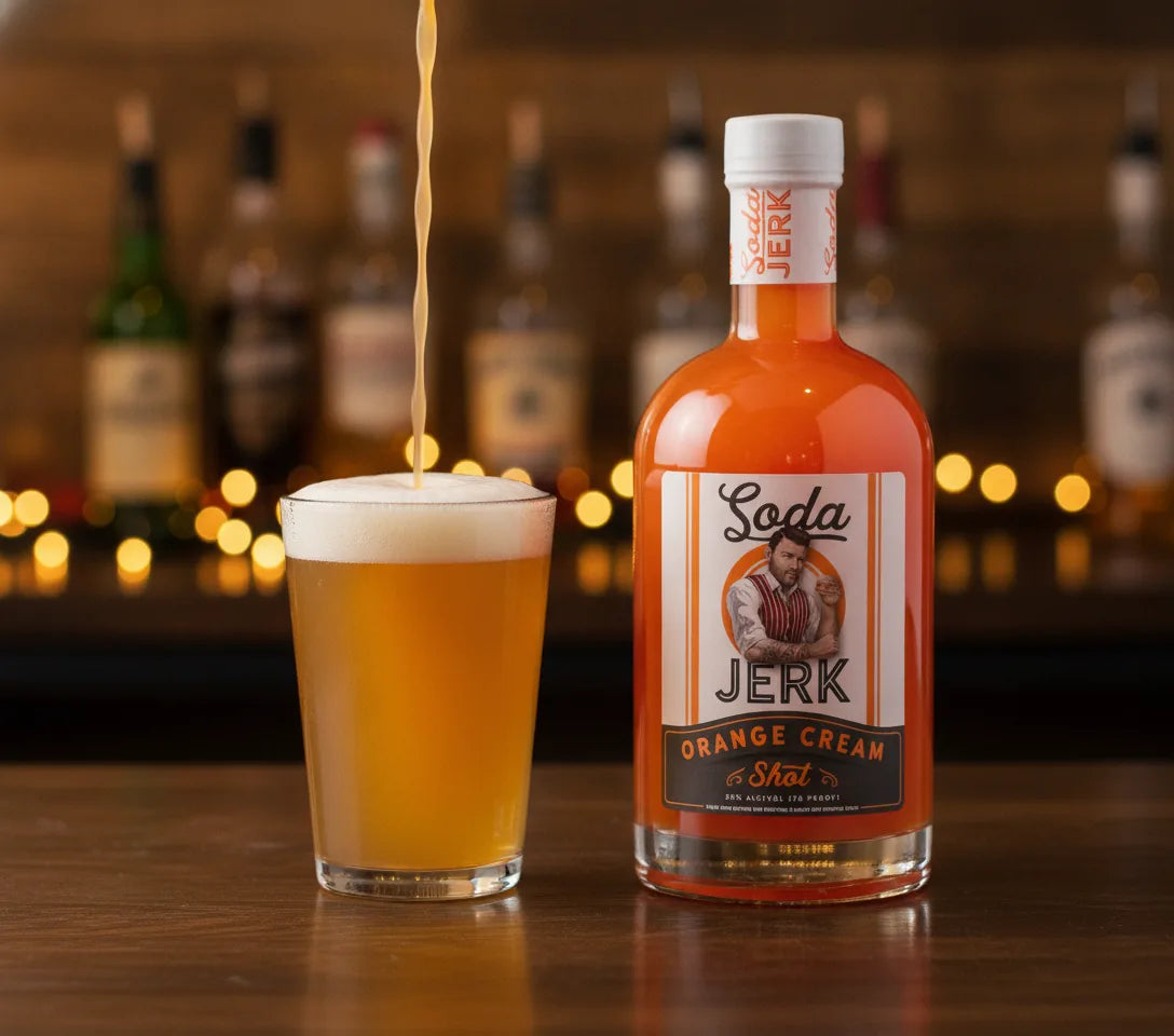 Man-Mosa beermosa with a Soda Jerk Orange Cream Shot poured into a cold light beer cocktail with Soda Jerk bottle