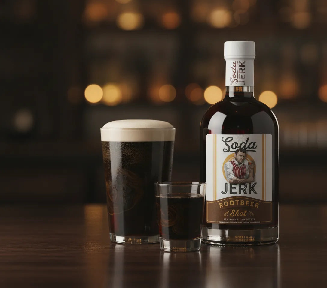 The Root Beer Bomb stout boilermaker with a Soda Jerk Root Beer Shot dropped into a fresh stout cocktail with Soda Jerk bottle