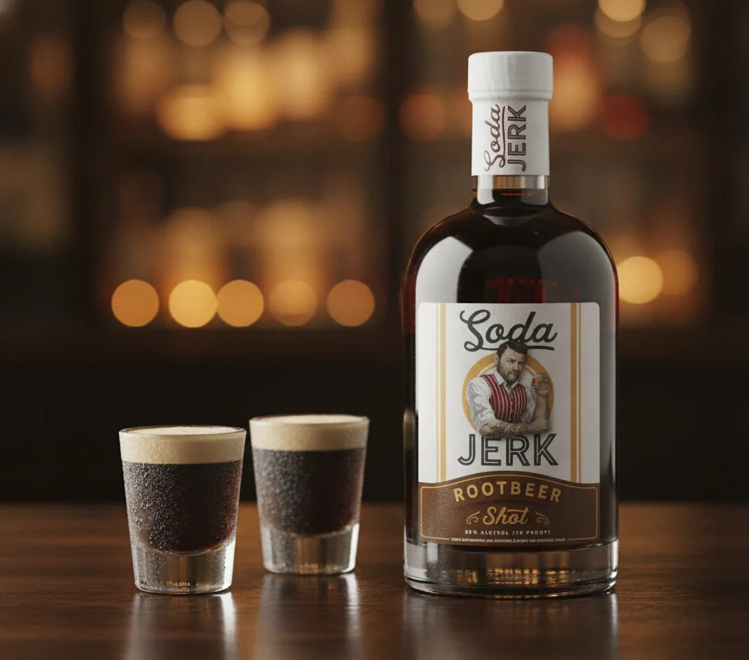 The Captain's a Jerk spiced rum and root beer shots beside a Soda Jerk Root Beer Shot bottle cocktail with Soda Jerk bottle