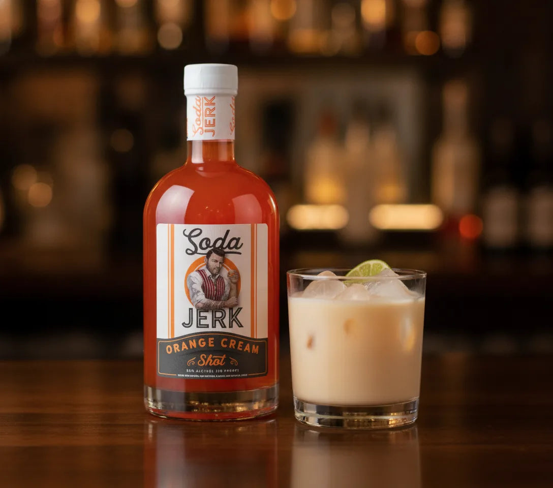 Locococo tropical coconut rum creamsicle cocktail beside a Soda Jerk Orange Cream Shot bottle cocktail with Soda Jerk bottle